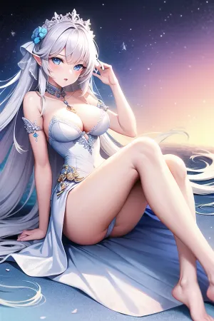 No paraíso, a mulher com o rosto perfeito era um anjo bonito com cabelo branco longo, olhos azuis grandes e um rosto perfeito. Seus lábios estavam cheios e cor-de-rosa, seu pescoço era esbelto, e seus seios eram perfeitamente redondos