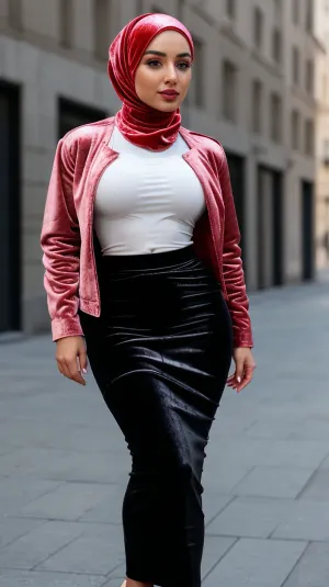 Maroccan, tiny 18 yo, ((tiny, small, petite:1.4)), very beautiful expressive face, (hijab), velvet hoodie, sunken cheeks, sensual cherry lips, very beautiful, ((huge hips:1.6)), ((loose white button-down shirt, and short leather jacket)), no bra, nipples showing, ((velvet tight maxi pencil skirt:1.4)), white sneakers, CN_FON_SHOWLIGHT
