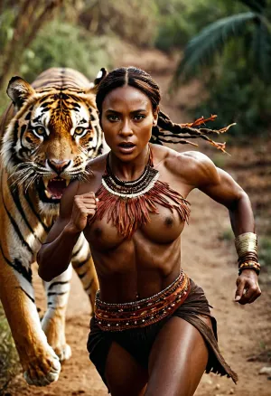cinematic film still of, a shredded woman running away from a tiger, shredded woman style, dark skin, African tribal clothes torn apart, shallow depth of field, vignette, highly detailed, high budget, bokeh, cinemascope, moody, epic, gorgeous, film grain, grainy, <lora:shredded woman:1.2>