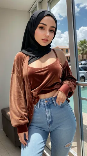 La jeune fille de 18 ans de la classe portait un beau hijab de velours, un jean de velours et un petit tushy. Elle regardait la photographe avec son visage expressif