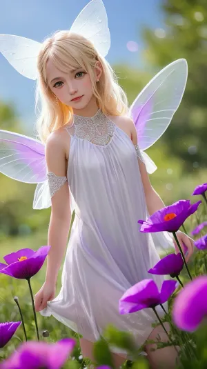 Uma fada loira estava na frente de um tiro macro de alto ângulo com suas asas de fadas translúcidas e vestido roxo, segurando um pequeno Canon RF 100mm F2.8L Macro IS USM lente e jogando na macro de alto ângulo