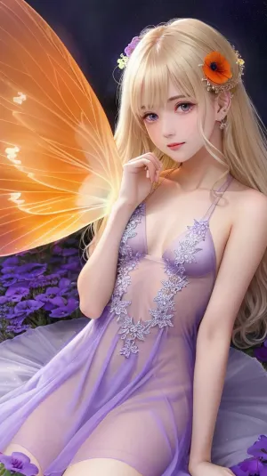 A fada loira estava na frente de uma grande papoula laranja, vestindo um vestido de asa de fada translúcida e perspectiva de alto ângulo, mostrando seu corpo curvilíneo e pequenos seios