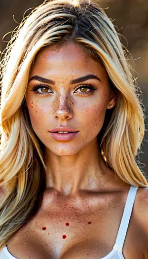 The AI generated picture of a blonde girl with full body view is an 8K resolution, perfect lighting, and UHD image of a blonde girl with freckles on her cheeks. The picture has a light tanned skin tone that gives her an