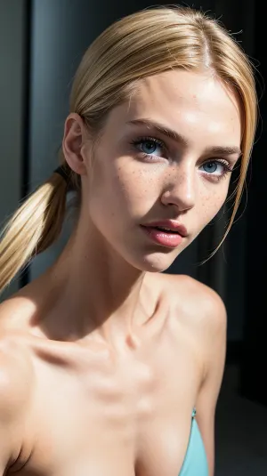 Eine junge Frau mit hohen Wangenknochen und eine zarte Kieferlinie, ein schlanker und dünner Körper, zwei große natürliche Brüste, die realistisch im Bild detailliert wurden