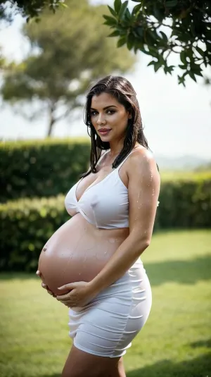 Un fotografo professionista ha catturato un modello in stato di gravidanza fuori in un campo, bagnato dalla pioggia. Indossa un abito sexy da festa del tè che si aggrappa al suo corpo, mostrando le sue curve e figura voluttuosa. I suoi capelli sono bagnati
