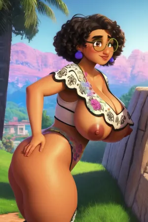 masterpiece, woman, Mirabel, brown eyes, brown hair, earrings, green round glasses, (skinny:1.1), Thick thighs, (Sports bra), Fishnet Thigh high, cleavage, Huge butt, standing, fullbody, outdoors, houses, (insanely detailed, beautiful detailed face, masterpiece), cinematic lighting, <lora:Mirabel-10ENC:.5>, mirabel, madrigal, glasses, <lora:MirabelMadrigal_v1:.5>, MirabelST, <lora:MirabelMadrigal-stasis:.5>