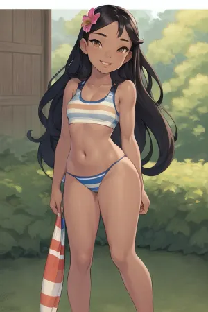 Nani Pelekai, un modelo de traje de baño de una pieza con pelo largo y un cuerpo completo, se puso alto delante de la cámara con confianza. Tenía una sonrisa sexy y su ombligo era visible a través de su top de cultivo. Su pelo negro