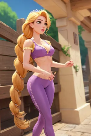 女人爬上高大的植物 她的辫子在她身后摇摆 她到达顶部,凝视着紫色的花朵. 突然,她感觉肩膀上有一只手 是个长头发和松散健身衣的男人 他低语了