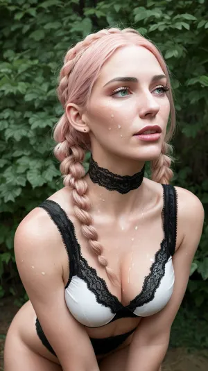 Die Frau auf dem Bild ist eine slawische Schönheit mit piercing blauen Augen und vollen Lippen. Sie ist auf den Knien, bedeckt mit Sperma, erschöpft, aber zufrieden. Ihr Körper ist ruhig, wie sie auf den Himmel schaut, basking in the After