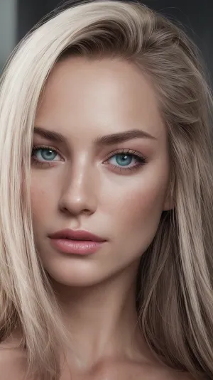 Un modèle photo réaliste nu avec des proportions épiques, une peau parfaite, de grands beaux yeux et une chatte frontale musclée