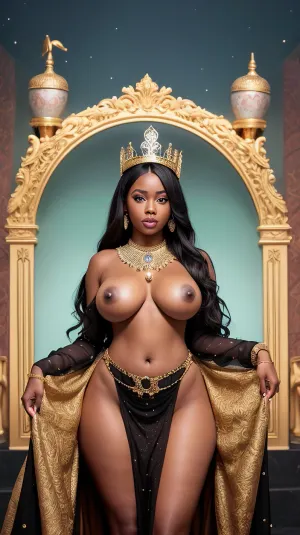 African, dark skin, woman, Queen, standing next to throne, long dress, big boobs, huge boobs, holding a sword, hazel eyes, brown hair, high heels, showing leg, black woman, crown, gold jewelry, anklet, symmetrical face, sharp jawline, big eyes, green eyes, eye shadow, full lips, beautiful face, thicc