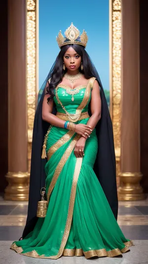 African, dark skin, woman, Queen, standing next to throne, long dress, big boobs, huge boobs, holding a sword, green eyes, brown hair, high heels, showing leg, black woman, crown, gold jewelry, anklet, symmetrical face, sharp jawline, big eyes, eye shadow, full lips, beautiful face, thicc
