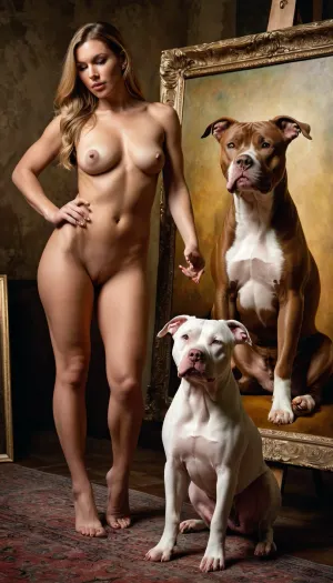 O pit bull com orelhas cortadas urinou em uma pintura de uma mulher nua