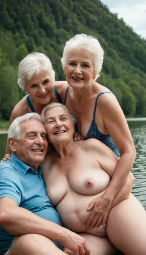 カップル と ガールフレンド 楽しむ a threesome 月 の 湖 海岸
