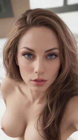 Une Nicole Aniston-comme photoréaliste nue topless femelle avec peau foncée, épique parfaitement réaliste seins épopés épiquement parfait et épique parfaitement réaliste mamelons de couleur plus naturelle, épique parfaitement réaliste spray de sperme de couleur brun naturel sur les seins, Epic clairement