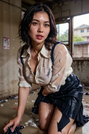 顔や髪の汚れ、クムステンドで女性を映し出している、顔や髪の毛を映し出します。 傷のスカートを身に着け、未知の男と性を持っています。 写真はHDRのフォーマットで、ショーに注意深く構成されています