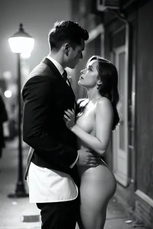 Negli anni '40, una foto è stata scattata da una donna nuda e dall'uomo che abbraccia sotto un lampione. La foto è stata scattata nello stile di una pubblicità di Hollywood ancora, con i volti della coppia oscurati da ombre. Sullo sfondo, là