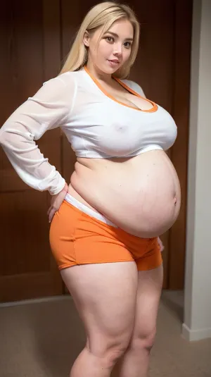 1girl, best quality, ultra-detailed, masterpiece, finely detail, highres, 8k wallpaper, extremely busty 24-year-old milf, japanese miss america thicc supermodel, (dyed blonde hair:1.2), perfect face details, influencer, intricately detailed beautiful face, looks like a milf tiktok star, very short, short legs, hands on hips, massive fat thick wide ass, fully clothed hiding breasts, facing camera directly, extremely thin arms, fat wide waist, super curvy, (hooters logo on shirt:.5), chubby, weight gain, pudgy, (fat bimbo body:1.3), gigantic fat ass, massive fat thighs, fat belly, chunky fupa, (extremely obese:.6), bbw, (weighs 280 lbs:1.1), ((dressed like an obese hooters waitress in a white hooters crop and orange dolphin shorts made of thick material:1.4)), (lots of cellulite on legs:1.2), legs together, crop top exposes lower part of belly, fake bbl ass, bubble butt, massive fake ass, (shirt clearly has the word "hooters" on it:.7), she is very fat, fat large drooping heavy pregnant belly, looks like instagram model, thigh creases, pregnant, pregnant with multiples, big belly, huge belly, <lora:Pregnant:.5>, <lora:skin_texture_v2:.5>, OverallDetail, hyperpregnant, <lora:hyperpregnant:.5>