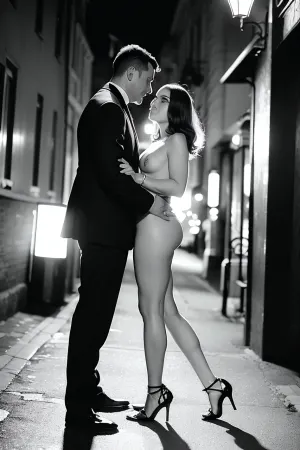 La donna nella foto era vestita con un vestito bianco e nero, il suo corpo illuminato dalla luce scintillante di un lampione. I suoi occhi erano fissi sull'uomo in piedi accanto a lei, le sue braccia avvolto strettamente intorno alla sua vita. The