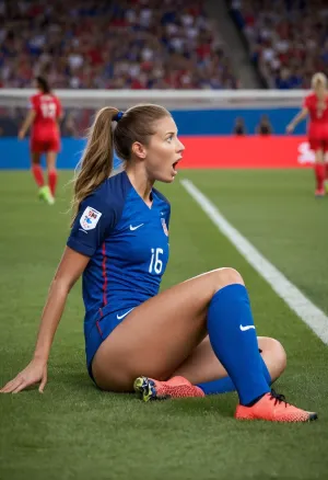 A 22-year-old American woman with blue eyes and ponytail is lying on the ground touching her leg while screaming in agony. Her full body view shows her wearing a blue soccer jersey and holding a soccer ball. She is surrounded by other players