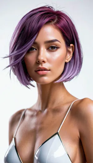 Une cyber-fille aux cheveux violets coupés Bob, style ultra-réaliste, lustre fin, et hautedétail a été créée par une AI avec un accent aigu et une profondeur de champ qui était très détaillée. Son corps était mince et mince avec oct
