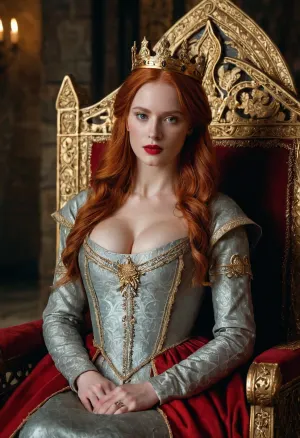 一个中世纪的红色毛发的quenn女性,24岁,乳房中等,并穿着带裂缝的中世纪服饰坐在她的王位房间. 她头上戴着金冠,手持金杖. 她曾经是