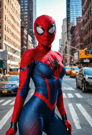 A photo of a naked woman with a spidergirl suit, posing in front of a red and blue livery suit, with her iconic red and blue livery suit. The photo is taken from the perspective of someone looking down at her body, with