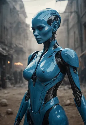 Uma cena fotorrealista e cinematográfica com uma pele azul alienígena mulher robô híbrido, usando a mais alta qualidade 32k photorealistic render. A cena é definida em sensação de sol, com profundidade de campo e efeitos de exposição dupla. A atenção aos detalhes