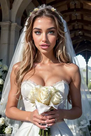 woman, Full portrait of a young, sexy, ((extremely gorgeous:1.4)), female Instagram Model, ((18 years old:1.4)), ebony skin, ((skin with high detail)), ((slender body:1.4)), ((athletic body:1.4)), elegant blonde highlighted blonde hair, ((hair with high detail:1.4)), voluminous tousled lush hair, (wavey hair), ((Wedding ceremony in front of a beautiful castle:1.6)), (ultra realistic), insanely detailed, of the highest quality, high quality photography, soft focus, perfect composition of lights and shadows, Nikon Z9, ((perfect sparkling blue eyes)), ((perfect symmetrical, beautiful face)), black eyeliner, elegant Makeup, hollywood smile, ((face with high detail:1.4)), ((perfect boobs)), , ((wearing a high detailed extravagant high-class wedding dress:1.4), (holding a beautiful bouquet of white roses in her hands:1.5), , <lora:age_slider-LECO-v1:-3>, <lora:weight_slider-LECO-v1:-1>, <lora:eye_size_slider_v1:.5>, <lora:CristyMeg_v1.0:.3>, <lora:BimbolipsV3-000004:.3>, <lora:eyelashes_slider_v3:1>)