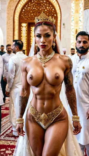 woman, Indonesian, 18's, Body Goals, Babes, Tall, Red Sexy Lips, Horny Orgasm Face, Piercings, Longest Brown Ponytail Hair, Full Body Tattoo, Giant Muscular Veined, Professional Master Body Builder, Athlete, Sporty, Sixpack Body, Round Tits, Round Ass, Full Body View, Pearl Crown, Wedding Dress, Gold Accessories, Mobbed by Mans, Wedding Day at Grand Mosque, Full Crowded