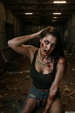 Naked girl, Beautiful face, hyper real photo of, ((military zombie woman inside a cluttered barn wearing sexy worn-out torn cotton tanktop)), ((detailed realistic face and eyes)), cinematic lighting, 8k resolution, (modelshoot style), sunset, (from_below:1.4), soft nipples covered by, (ripped torn cotton tanktop), natural breasts, <lora:[LoRA][Horror]s4w3d0ffBlend_v10:.5>, GapingAssholesAllFourQuiron, pose, <lora:quiron_GapingAssholesAllFour_v4_Lora:.5>