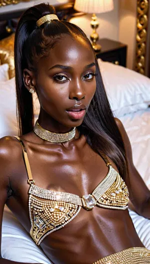 AI制作的色情照片显示,一个瘦小的,裸体的女孩长头发和马尾,身着超现实的金色咽喉,用流口水的嘴唇看着观众. 她身着金色的首饰带