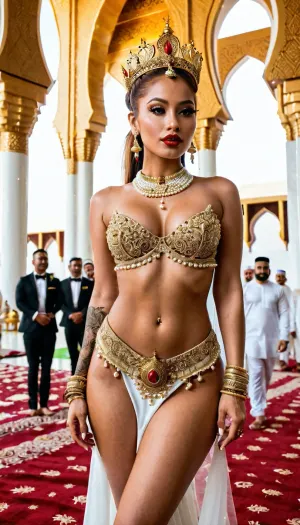 Die indonesische Frau mit den perfekten Körperzielen, AI, erzeugte ein Pornobild von ihr mit Vollkörper Tattoos und Piercings. Sie trug einen roten sexy Lippenstift und hatte lange braune Pferdeschwanzhaare. Sie trug runde Titten, die waren