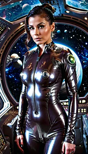 The sexy female pilot, with her tight body and tattoos, unzipped her latex suit revealing her naked breasts. She was in deep space, and the alien ship was full of strange planets that were both beautiful and dangerous. Her face was beautiful