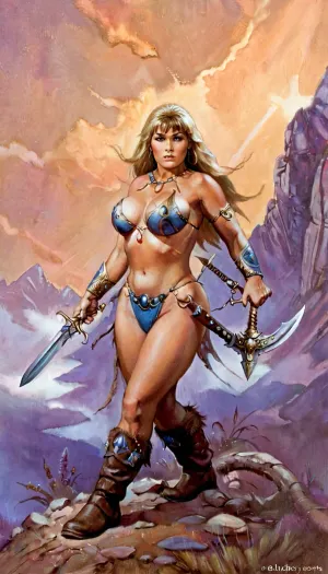 Bir chubby vücudu olan ve büyük göğüsler sanatçının önünde durdu, elinde bir silah tuttu. Seksi bir poz vardı, sanatçıya mavi gözlerle baktı. Saçları uzun ve sarışın