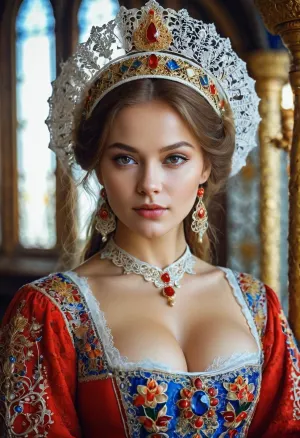 一个穿着国家服装的俄罗斯美女,有着明亮,丰富的色彩,被Gundam的AI技术用V. Vasnetsov的技术在肖像中捕捉到