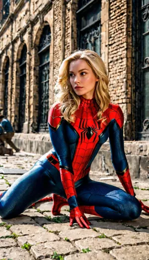 La femme, vêtue d'un costume de super héroïne de Spider-Man, s'est assise sur le sol et a pris des photos d'elle-même. Elle était perdue dans le moment et n'a pas remarqué l'homme qui l'a approchée jusqu'à ce qu'il parle