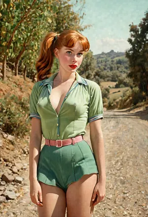 The woman stood naked in front of the camera, her nipples erect and her eyes wide open. She was a true pinup poster, with her long ponytail and bare body. Her full lips parted, and she had no underwear on