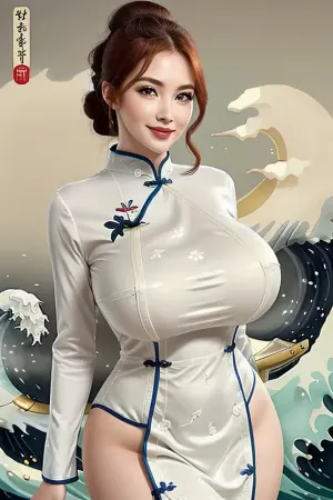 Esta deslumbrante esposa sensata escocesa, com sua foto oficial do museu de arte, está usando um lindo cheongsam vermelho com bordado bonito. Ela tem um enorme peitos pesados e um corpo curvado que é perfeitamente em forma. Sua maquiagem é impecável