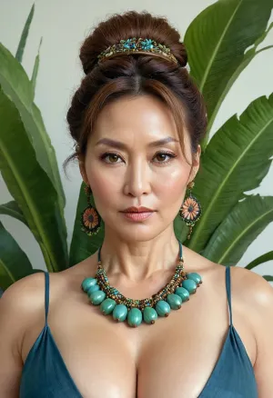 ((1 woman), (milf 1.1), Korean milf, corporate, brown hair, beautiful mature 40 year old woman), very realistic, hair bun, wrinkles, black skin tight dress, natural daylight light, large heavy breasts, tits out, wide hips, big ass beautiful woman wearing fantastic hand-dyed cotton clothes, embellished beaded feather decorative fringe knots, colorful pigtail, subtropical flowers and plants, symmetrical face, intricate, elegant, highly detailed, 8k, digital painting, trending on pinterest, harperâs bazaar, concept, art, sharp focus, illustration, Tom Bagshaw, Lawrence Alma-Tadema, Alphonse Mucha, green, eyes, blue, brown, perfecteyes, <lora:ac_neg1:.5>, <lora:faces_v3:.5>, <lora:PerfectEyesXL:.5>