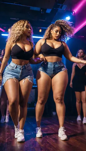 woman, Two women dancing, nightclub, street clothes, sneakers, hair, big boobs, thicc, huge boobs, big ass, bright lights