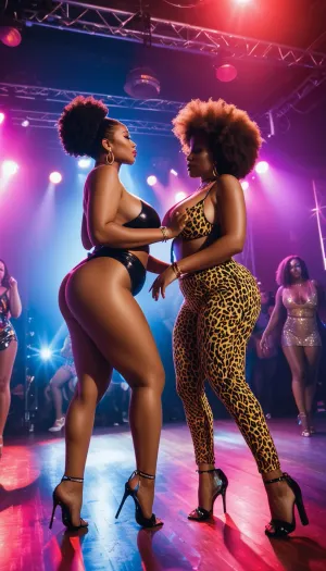 woman, Two women dancing, nightclub, street clothes, hip hop, afro, big boobs, thicc, huge boobs, big ass, bright lights
