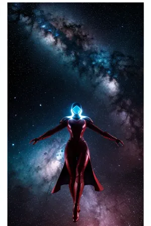 woman, incredible full-length creature. Hands are spread . It levitates against the background of a stellar nebula. Superhero style. Symmetrical.