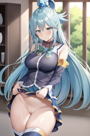 AquaKnsb-KJ是一名女子,BREAK得分为10分,当时穿着蓝色衬衫和蓝色内裤,没有内裤. 她的长发被拉回马尾和大腿高处