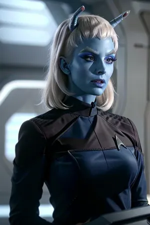 L'ufficiale della Flotta Andoriana era una donna straordinariamente bella vestita in un'uniforme della Flotta. La sua pelle era blu e le sue labbra erano bianche, e aveva enormi tette che erano così pesanti che quasi sagged giù a