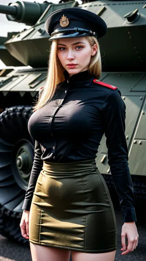 照片中的苏联女子是一名55岁的女子WWII俄罗斯陆军军官,他站在一辆T-34坦克前. 她的皮肤色调和特征 光线和高清晰度