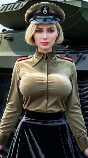 照片中的苏联女性以高定义的8K头发和皮肤纹理是真正的美人. 她的脸上有专业的表情,对于任何高档时尚杂志来说都是完美的. 她的臀部很大 被针刺强调