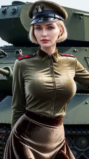 苏联女人站在T-34坦克前 她高清的8K风格捕捉到每一个细节 她的皮肤纹理很完美,她的针状风格增加了照片的真实性. 虽然是个老模特