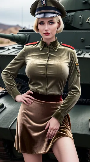 苏联女人站在T-34坦克前,她的大臀部和巨大的乳房在展示. 她是专业的SLR摄影师,配有Canon相机,精通针头风格. 她的皮肤柔软而完美