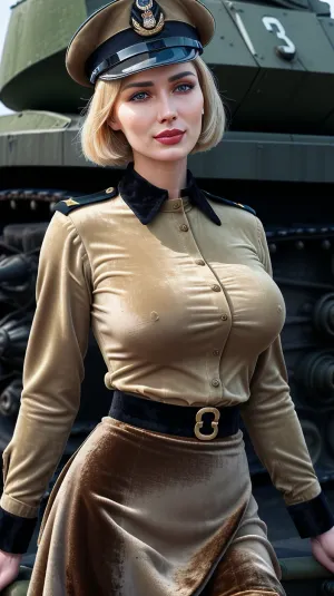 苏联女性站在一个庞大的T-34坦克前,她的庞大乳房和软细节通过高定义8K摄影可见. 她的表情很严肃,但她的眼睛闪闪发光 暗示着恶作剧。 她穿着一件